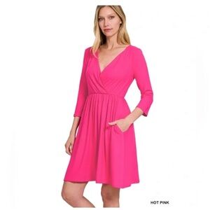 Zenana Buttery Soft Pink Wrap Dress with Pockets